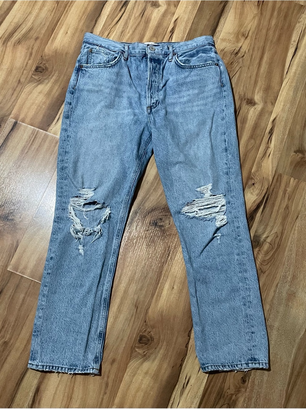 AGOLDE Riley Crop High Rise Straight Jeans 100% Cotton Distressed Blitz Blue
32